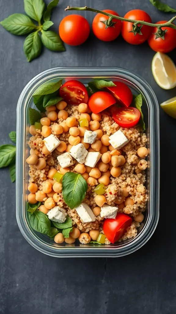 A colorful quinoa salad with chickpeas, feta cheese, cherry tomatoes, and fresh basil in a container.