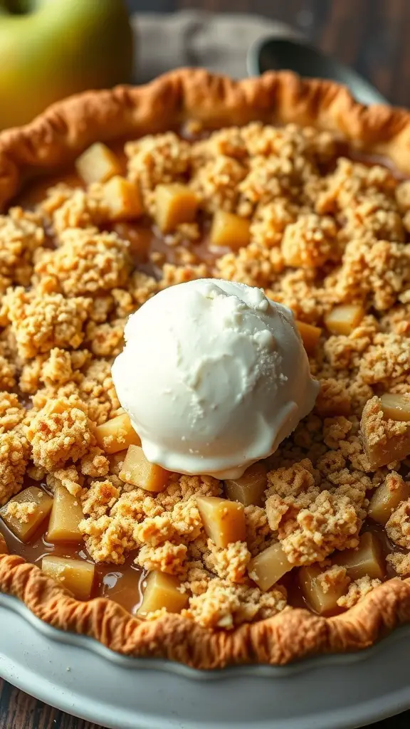 A delicious caramel apple pie topped with crumble and a scoop of ice cream.