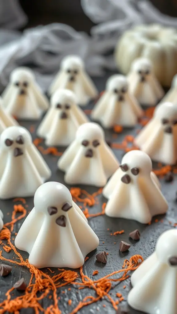A collection of ghost-shaped coconut cream jello shots with chocolate chip eyes, set on a dark surface with orange decorations.
