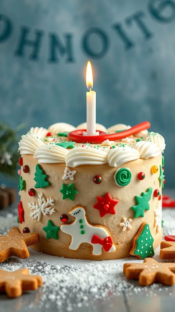 A beautifully decorated sugar cookie cake with royal icing, featuring festive shapes and a lit candle on top.