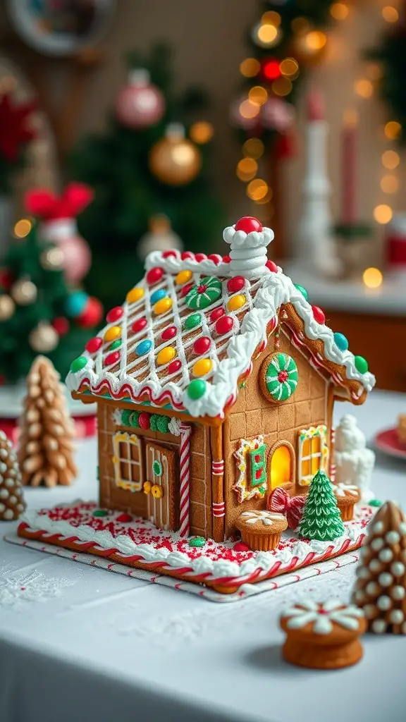 A beautifully decorated gingerbread house with colorful candies and icing details, set against a festive background.
