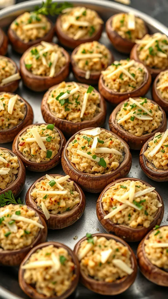 A platter of stuffed mushrooms topped with cheese and herbs.