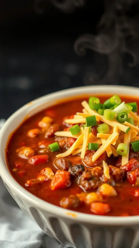 A bowl of classic chili with beans, topped with cheese and green onions.