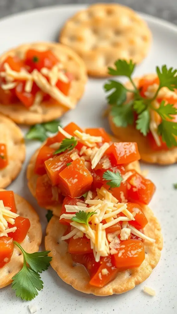 Crispy crackers topped with spicy salsa and cheese, garnished with cilantro.