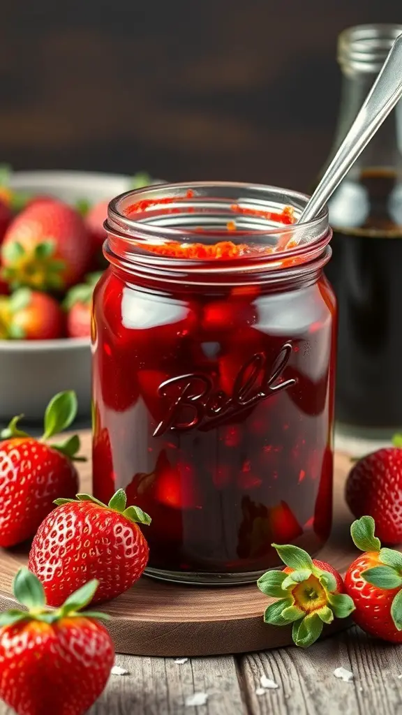A jar of strawberry balsamic jam with fresh strawberries around it