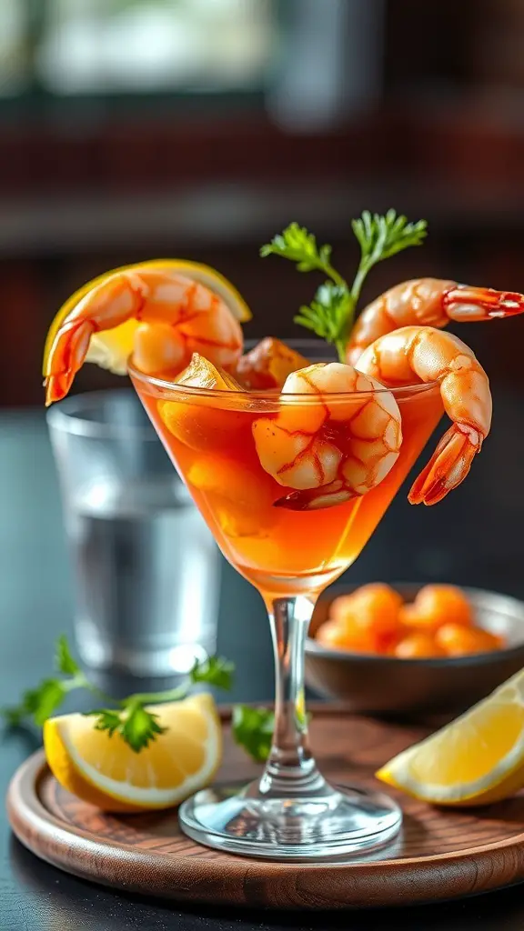 A glass of spicy shrimp cocktail with lemon wedges and a garnish of parsley.