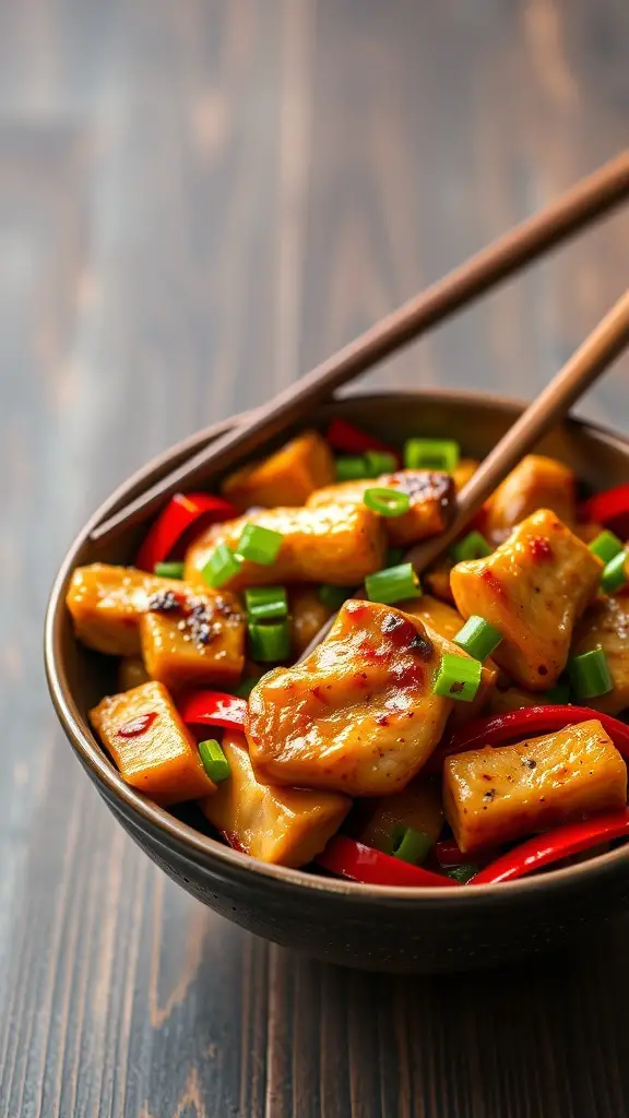 A bowl of teriyaki chicken tenderloin stir-fry with bell peppers and green onions.