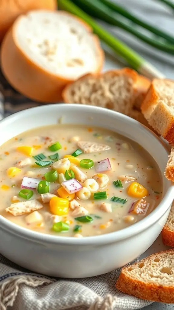 A bowl of Zesty Turkey and Corn Chowder with green onions and bread slices