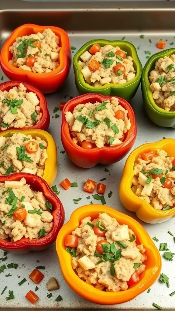 Colorful bell peppers stuffed with ground turkey and vegetables