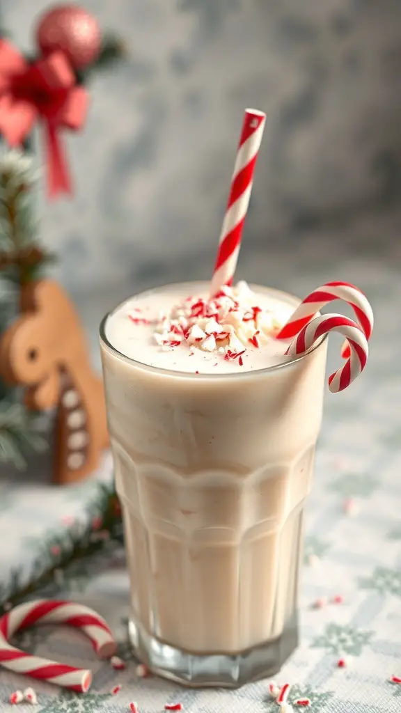 A festive Candy Cane Milkshake topped with whipped cream and crushed candy canes, served with a striped straw.