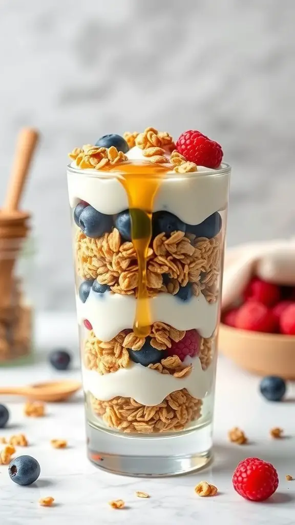 A layered Greek yogurt parfait with granola, blueberries, and raspberries in a glass.