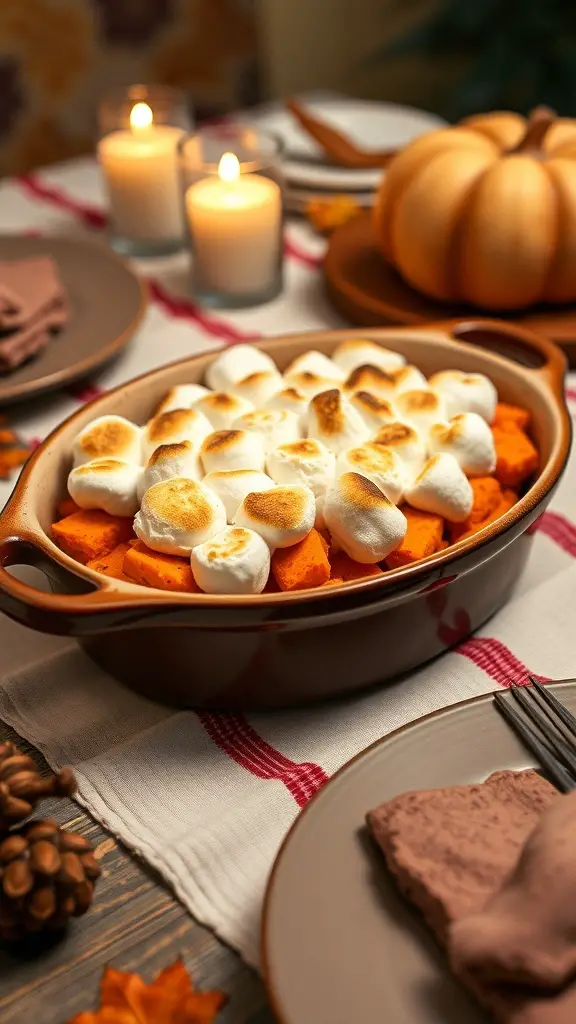 A warm sweet potato casserole topped with toasted marshmallows, surrounded by candles and autumn decorations.