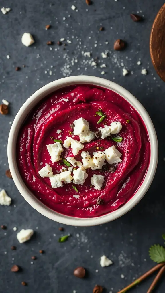 A bowl of beet and feta puree topped with crumbled feta and herbs.