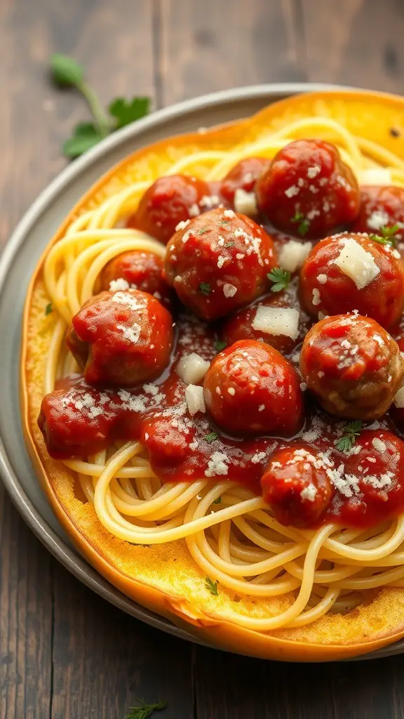A plate of spaghetti squash topped with meatballs and tomato sauce.