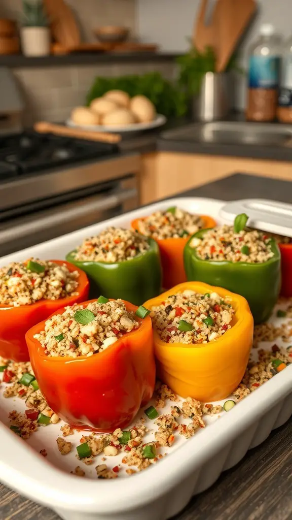Colorful stuffed bell peppers filled with a savory mixture, ready to be served.