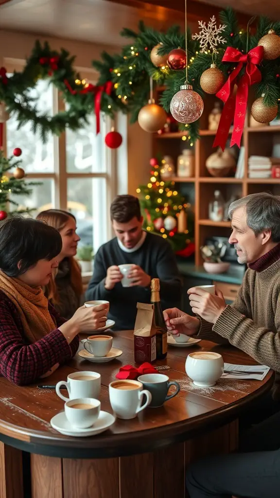 A festive coffee bar scene with friends enjoying coffee and holiday decorations.