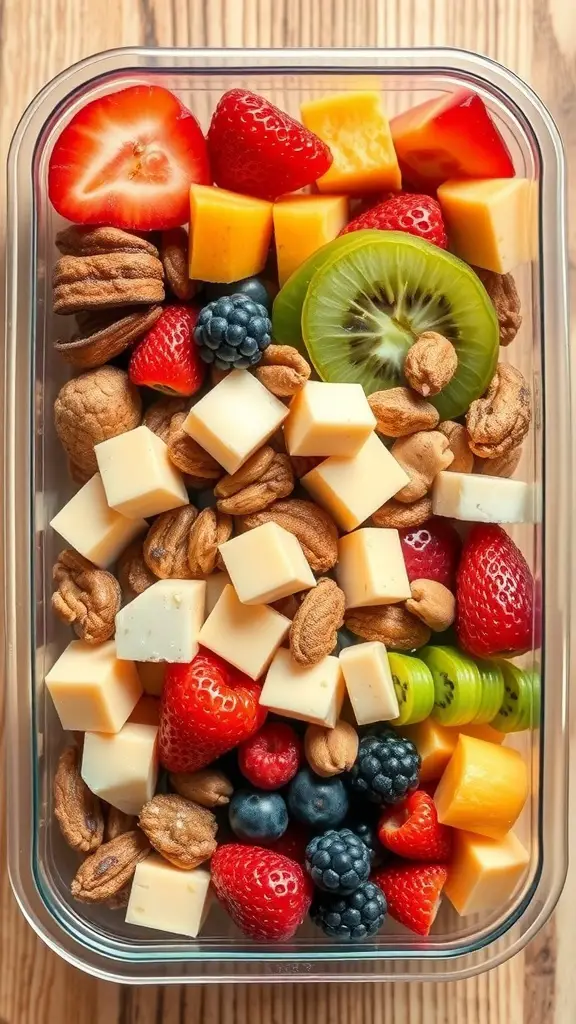 A colorful fruit and nut snack box with strawberries, blueberries, kiwi, cheese cubes, and assorted nuts.