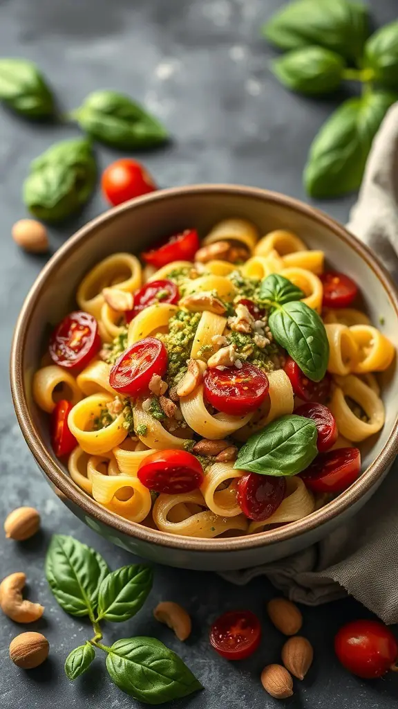 A bowl of cavatappi pasta with pesto, sun-dried tomatoes, and fresh basil.