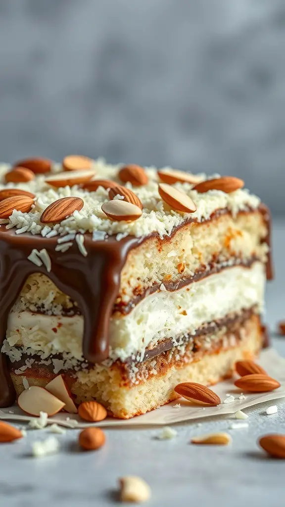 A close-up of a slice of Almond Joy Cake topped with chocolate, coconut, and almonds.