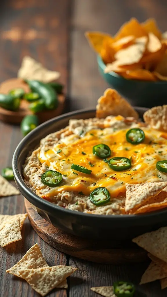 A bowl of cheesy jalapeño popper dip topped with sliced jalapeños, surrounded by tortilla chips.