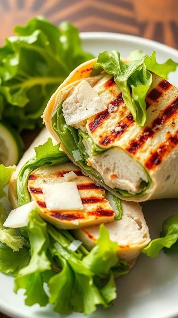 A grilled chicken Caesar wrap with lettuce and cheese, served on a plate.