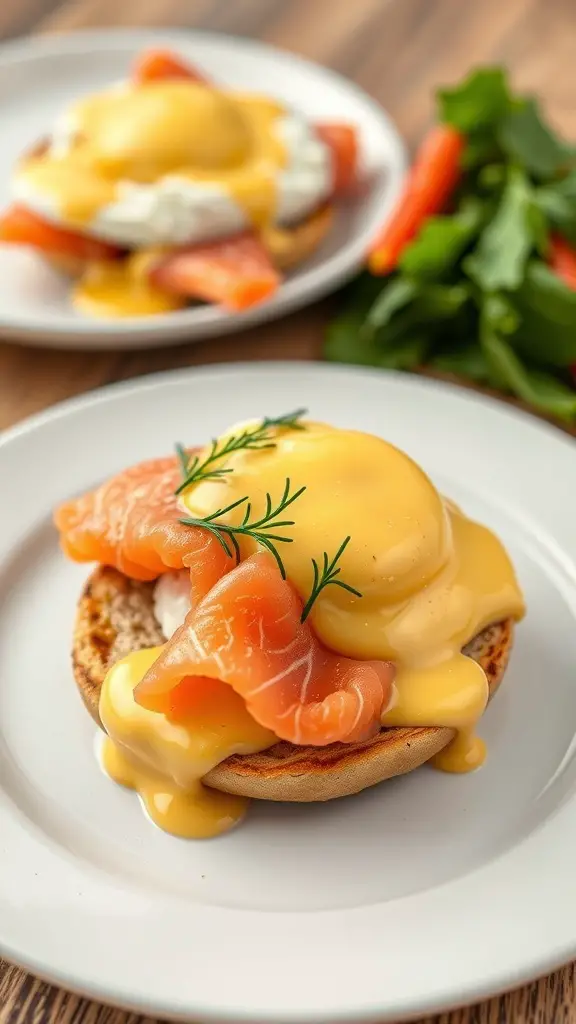 A plate of Smoked Salmon Eggs Benedict with poached eggs, smoked salmon, and hollandaise sauce on toasted English muffins.