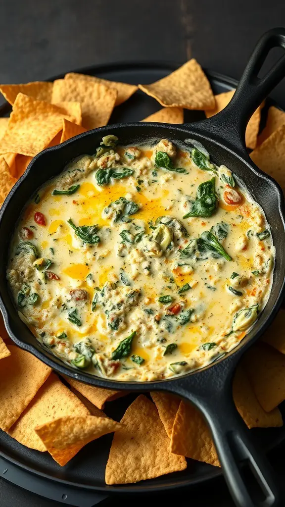 Creamy spinach and artichoke dip in a cast iron skillet with tortilla chips