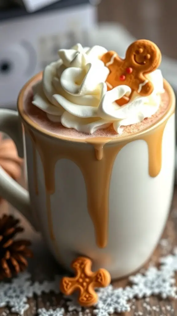 A mug of gingerbread hot chocolate topped with whipped cream and a gingerbread cookie.