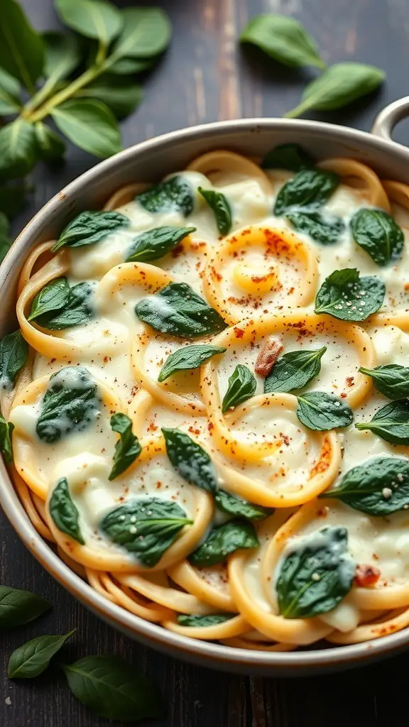 A delicious Spinach and Ricotta Egg Noodle Bake topped with fresh spinach leaves.