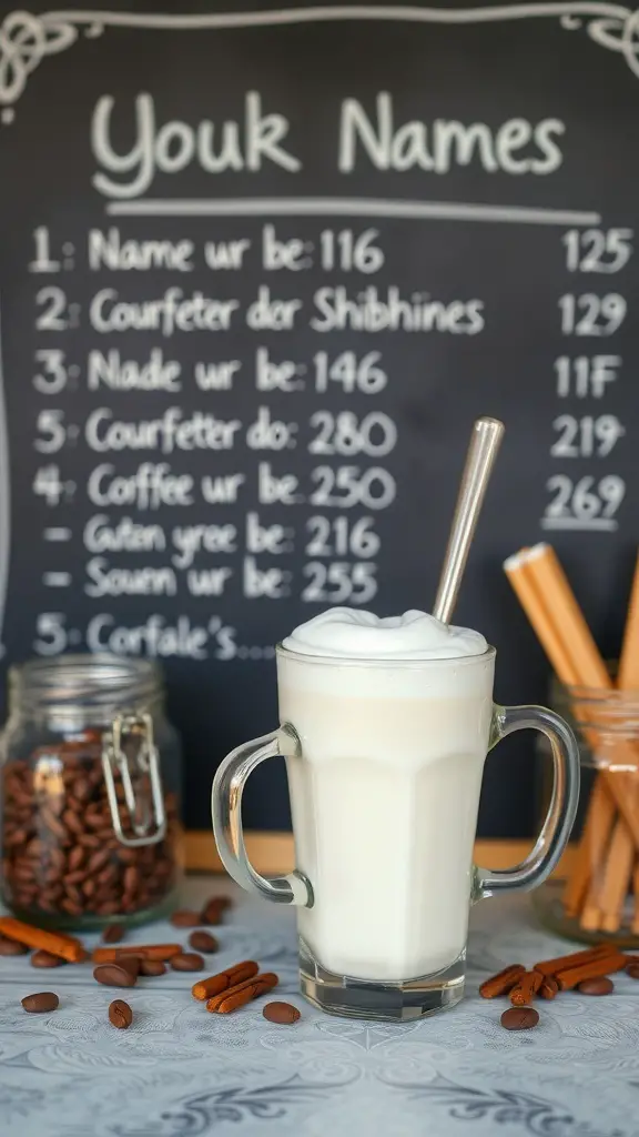 A personalized coffee bar setup with a creamy coffee drink, jars of coffee beans, cinnamon sticks, and a chalkboard with names and numbers.