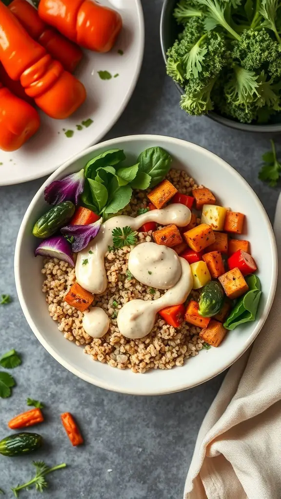 A colorful bowl of roasted vegetables and quinoa topped with a creamy sauce, surrounded by fresh ingredients.