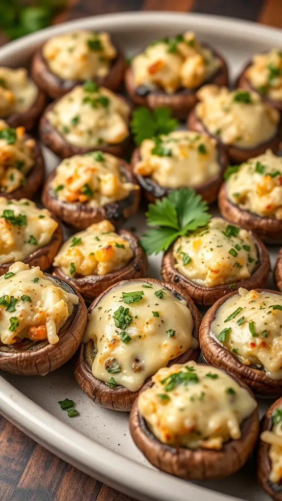 A platter of savory stuffed mushrooms topped with cheese and herbs.