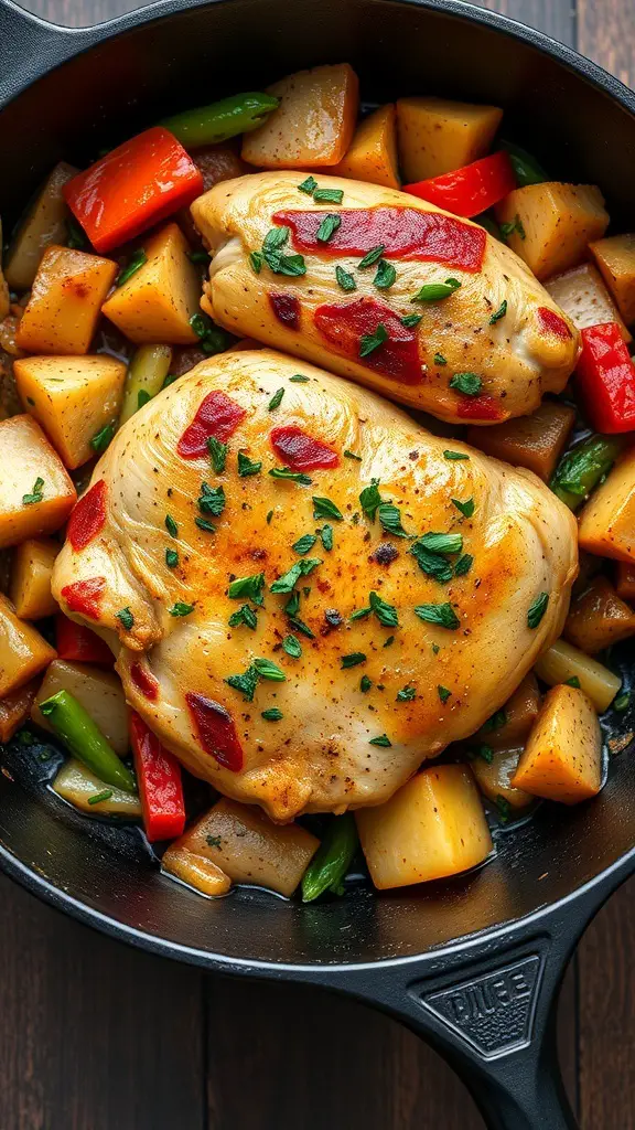 A skillet filled with chicken tenderloins and colorful vegetables