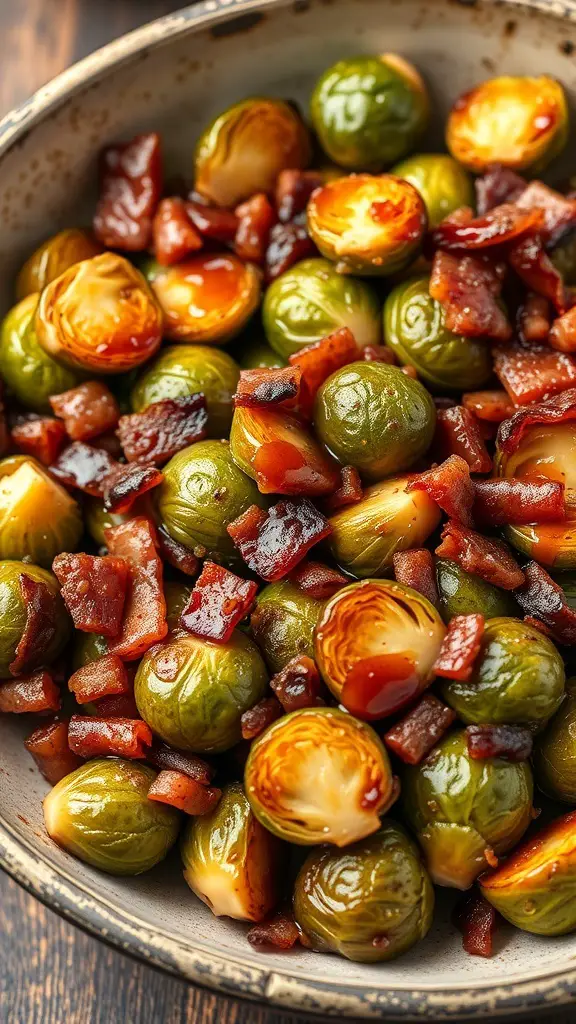A bowl of Brussels sprouts with bacon and maple glaze