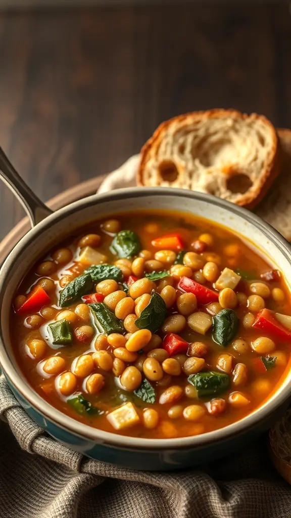 A bowl of lentil and vegetable stew with colorful vegetables and a slice of bread on the side.