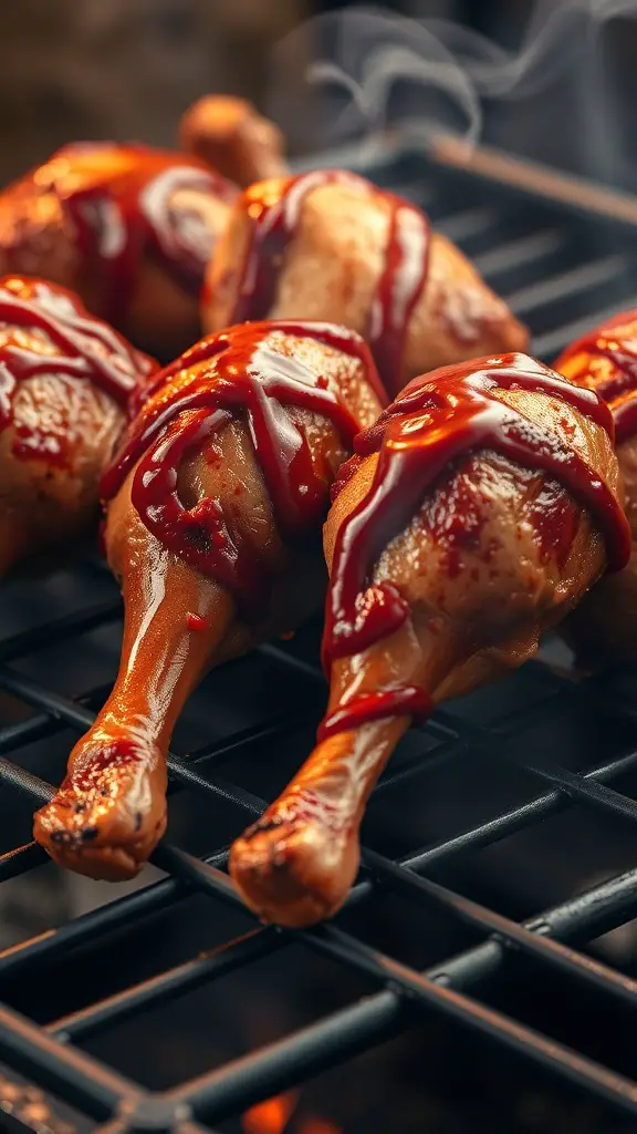 Smoky barbecue turkey drumsticks on a grill with barbecue sauce drizzled on top.