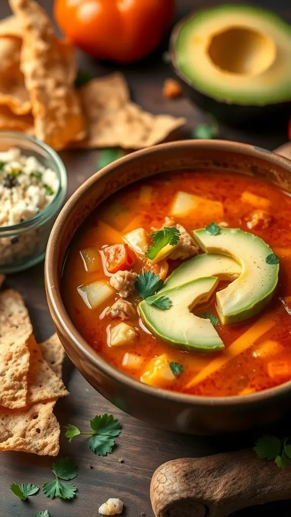 A bowl of Turkey Tortilla Soup with avocado slices and tortilla chips on the side.