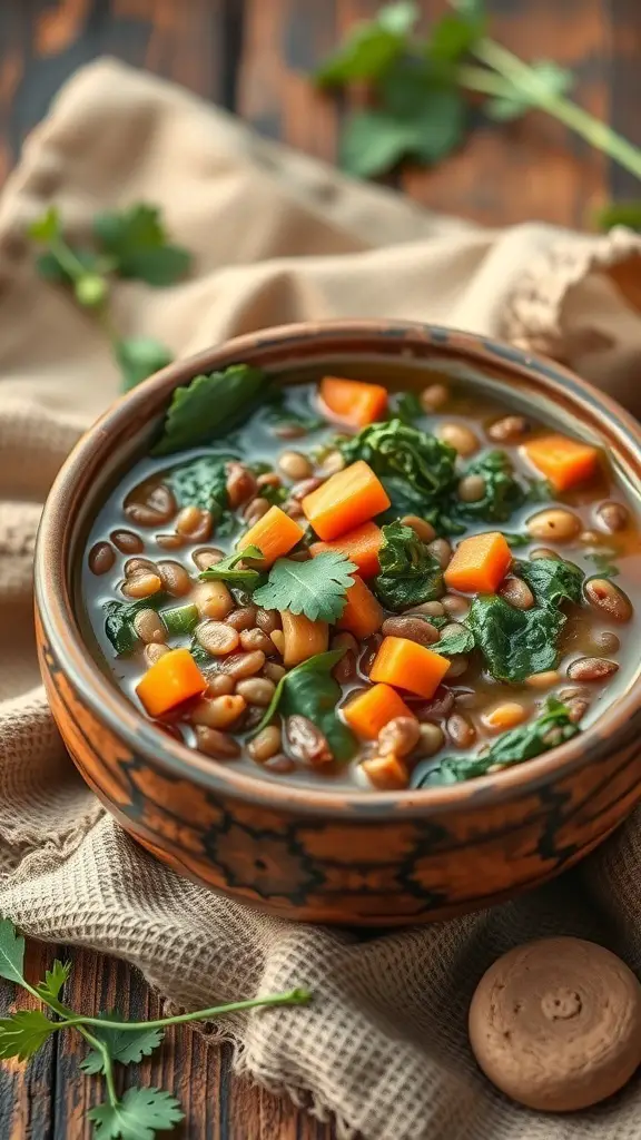 A bowl of lentil soup with spinach, carrots, and herbs on a rustic wooden table.