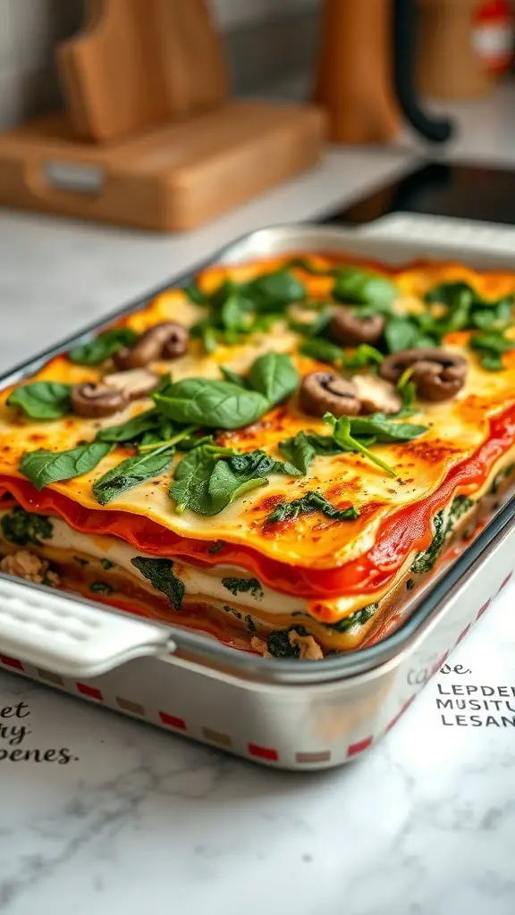 A delicious vegetable lasagna with layers of spinach, mushrooms, and cheese, baked to perfection.