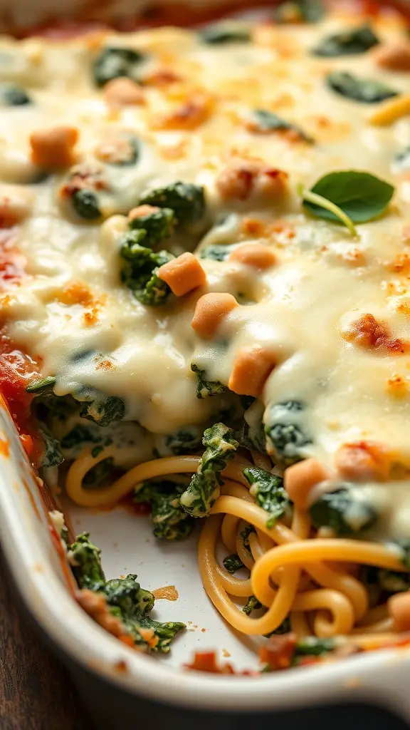 A delicious spinach and ricotta noodle casserole with melted cheese on top.