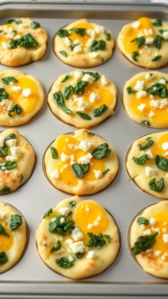 A tray of egg muffins with spinach and feta, showcasing yellow yolks and green spinach.