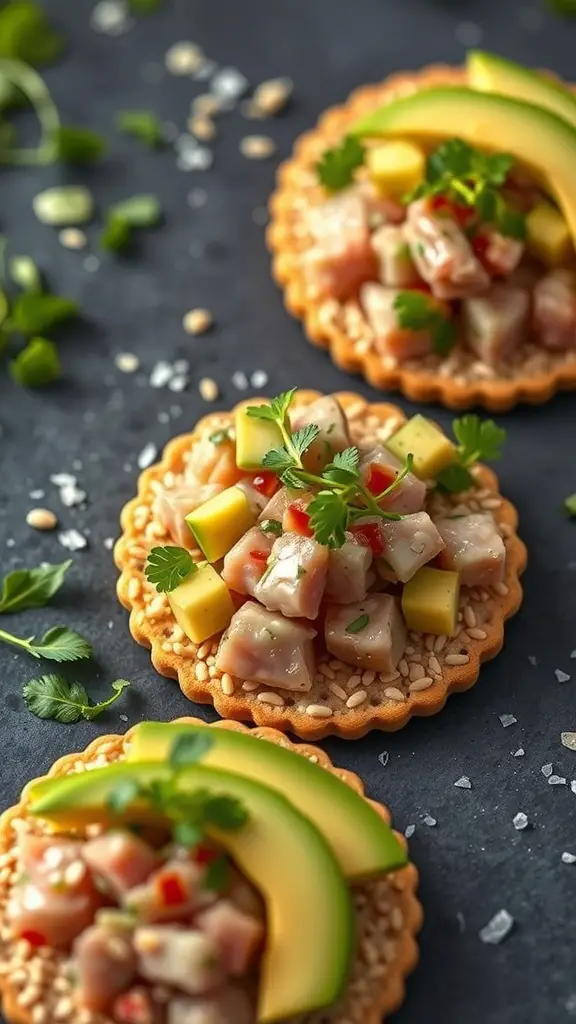 Tuna tartare served on sesame crackers with mango and herbs