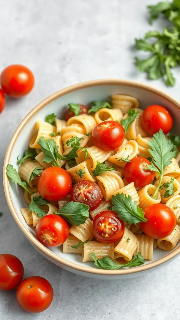 A bowl of pasta salad with cherry tomatoes and fresh greens
