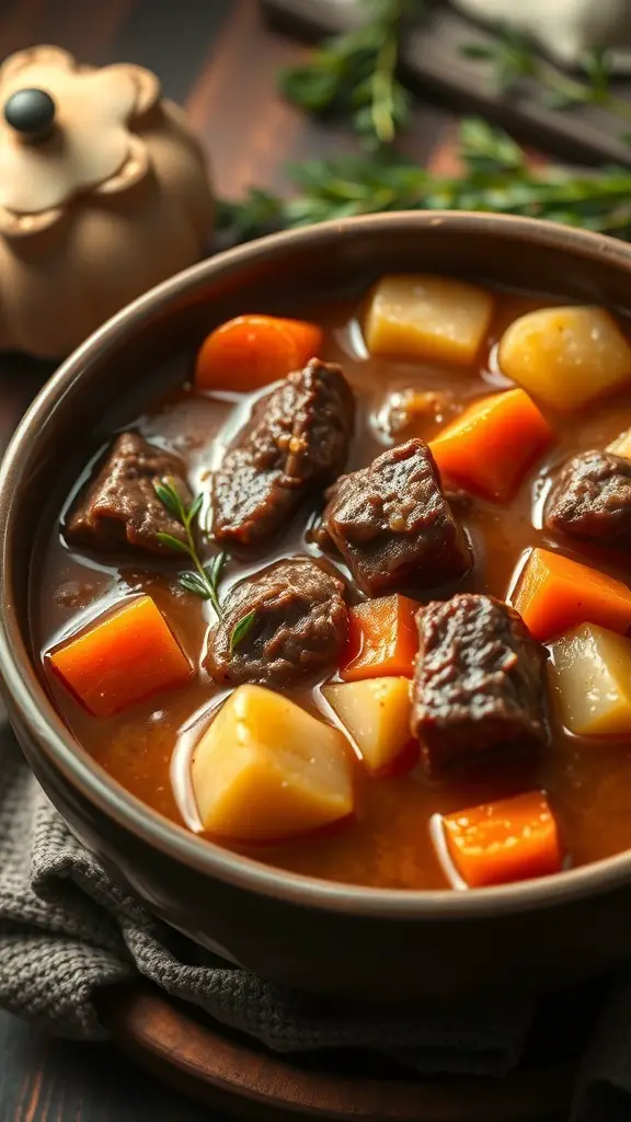 A bowl of classic beef stew with chunks of beef, carrots, and potatoes in a rich broth.