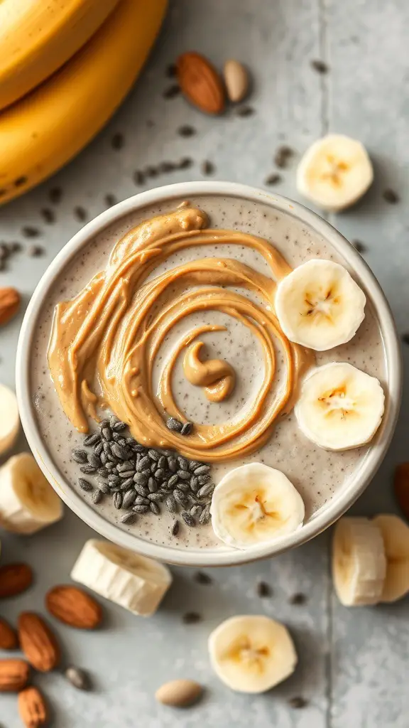 Smoothie bowl topped with nut butter, banana slices, and chia seeds.