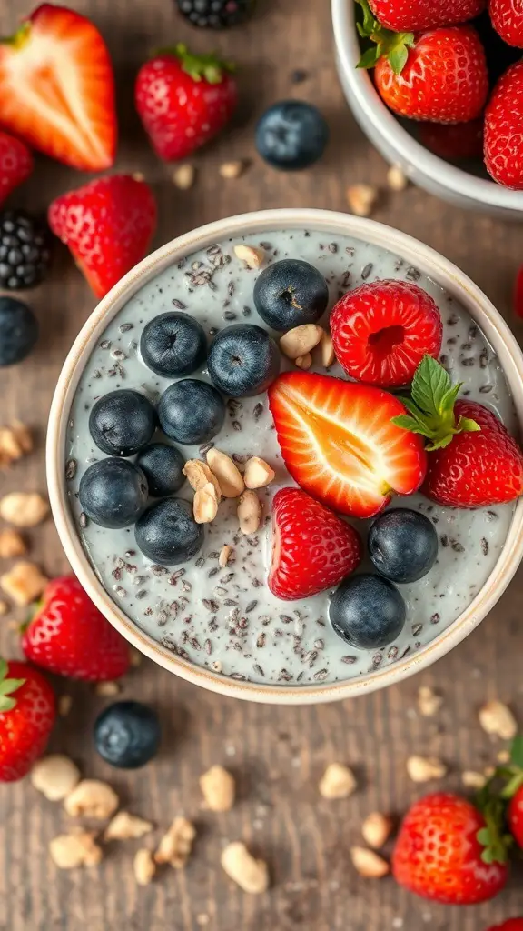 A bowl of chia seed pudding topped with fresh strawberries, blueberries, and raspberries, surrounded by more berries on a wooden surface.