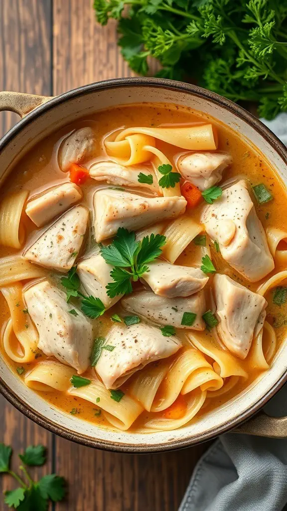 A bowl of classic chicken noodle stew with chicken pieces, noodles, and parsley on top.