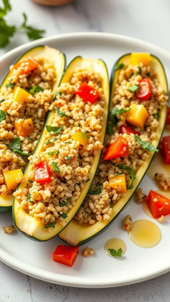 Vegetarian stuffed zucchini boats filled with grains and colorful vegetables.
