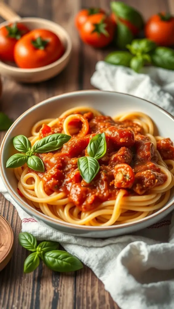 A bowl of egg noodles topped with tomato basil sauce and fresh basil leaves, with tomatoes in the background.