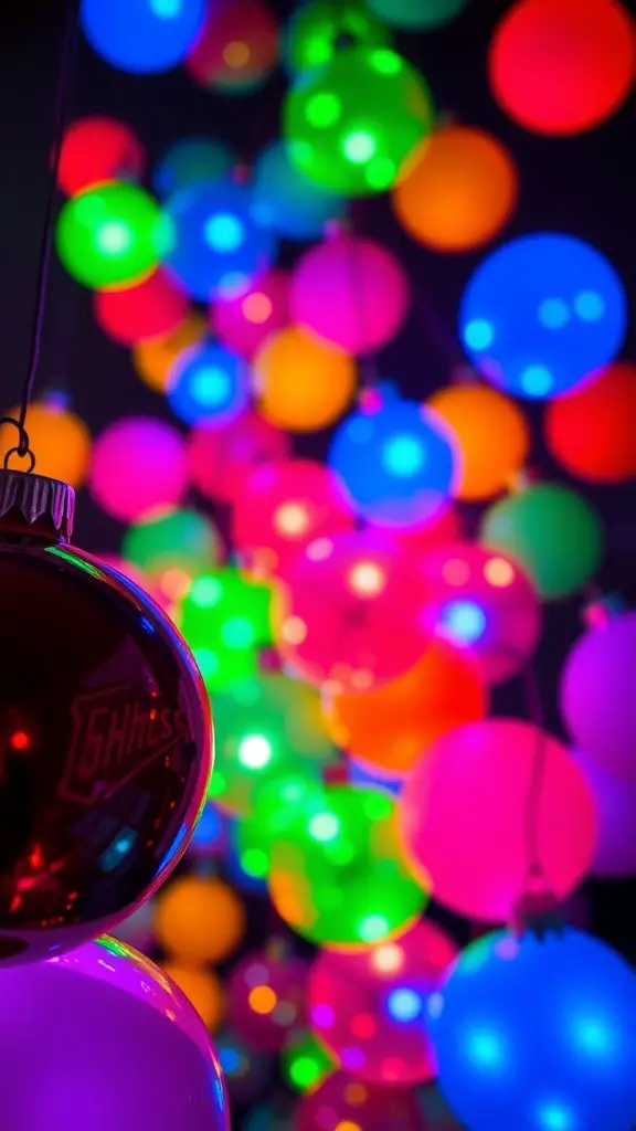 A colorful display of bright neon ornaments in various sizes and colors